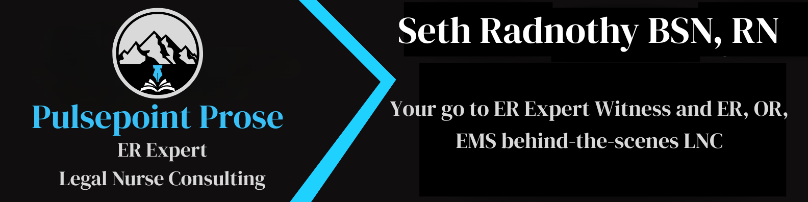 Logo of Pulsepoint Prose featuring mountains, an open book, and the text 'Pulsepoint Prose - ER Expert Legal Nurse Consulting' along with the name 'Seth Radnothy BSN, RN' and a tagline describing expertise in medical and legal consulting.